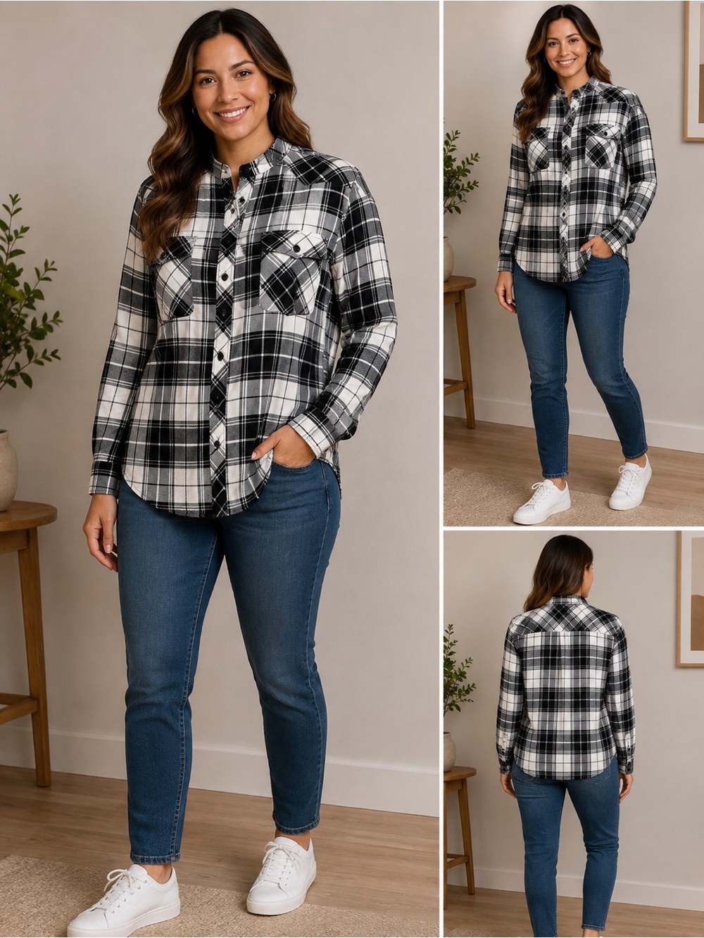 Route 66 Black White Plaid Western Button Front Shirt Women’s M
